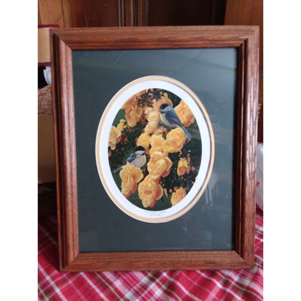 Summer Bouquet Chickadees by Pat Pauley Signed #323/500 Studio Framed 16 "x 18"